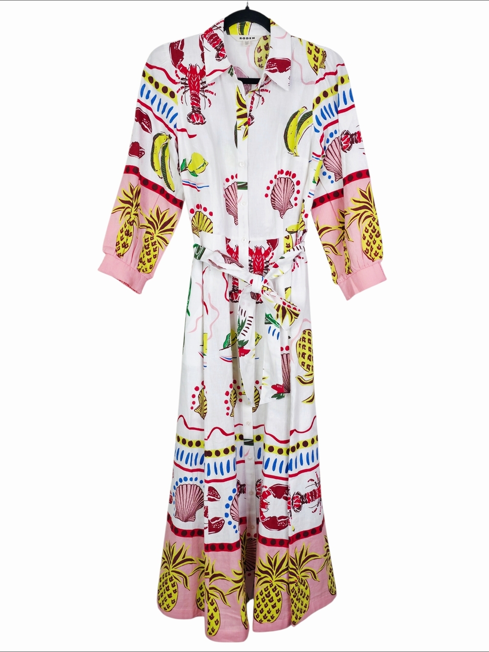Boden Clara Maxi Dress Tropical Bonanza Linen‎ Novelty Belted Shirt Size 8R - Picture 3 of 10